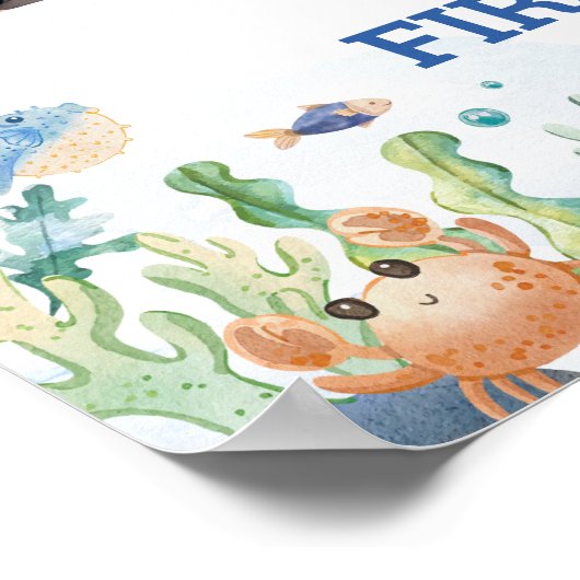 海の動物の少年の誕生日写真マイルストーンサイン ポスター (角)