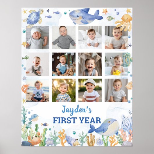 海の動物の少年の誕生日写真マイルストーンサイン ポスター (正面)