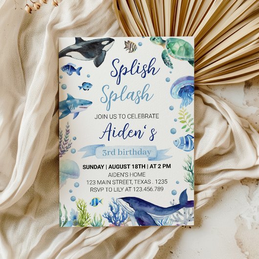 海の動物の少年誕生日招待状 アンダーザシー 招待状