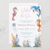 海の動物の水の色のベビーシャワーの下 招待状 (正面/裏面)