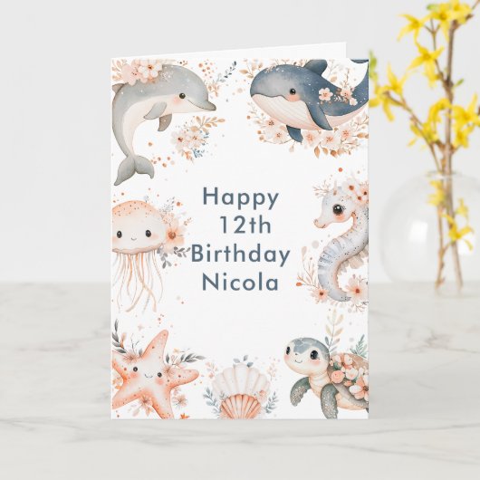 海の動物の誕生日パーティーの下で カード (黄色い花)
