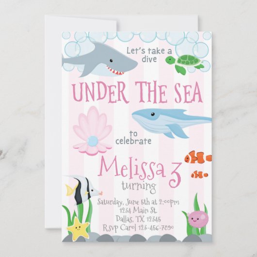 海の動物の誕生日パーティーの招待に 招待状 (正面)