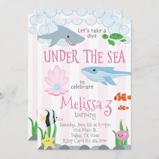 海の動物の誕生日パーティーの招待に 招待状 (正面/裏面)