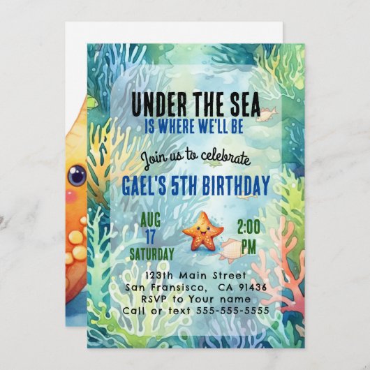 海の動物の誕生日パーティーの招待の下 招待状 (正面/裏面)