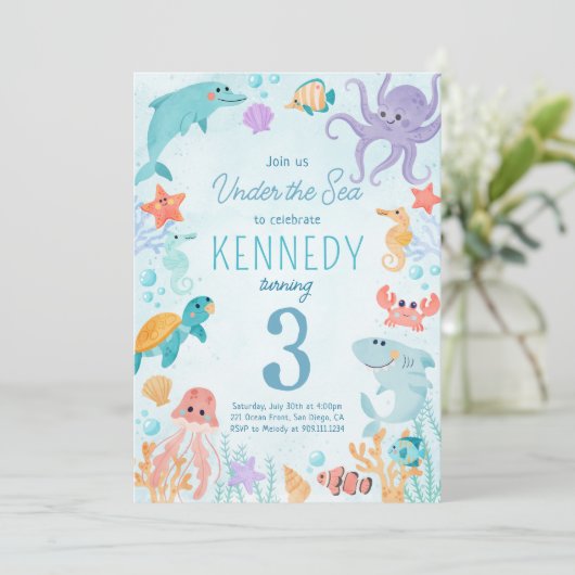 海の動物の誕生日パーティーの招待の下 招待状 (スタンド正面)