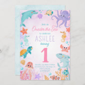 海の動物の誕生日パーティーの招待の下 招待状 (正面/裏面)