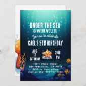海の動物の誕生日パーティーの招待ボーイの下 招待状 (正面/裏面)