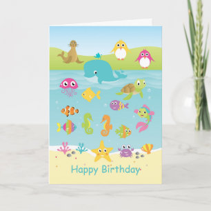 海の動物:クジラ,ペンギン,カメ子供の誕生日 カード