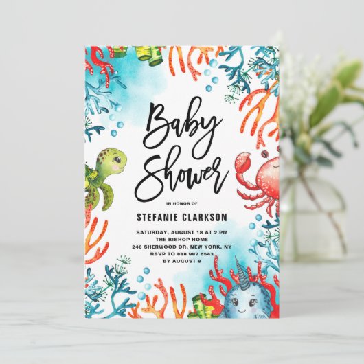 海の友達下の水の色ベビーシャワー 招待状 (スタンド正面)