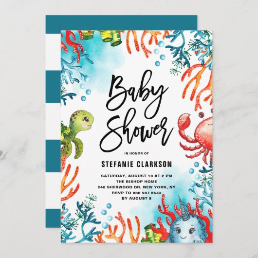 海の友達下の水の色ベビーシャワー 招待状 (正面/裏面)
