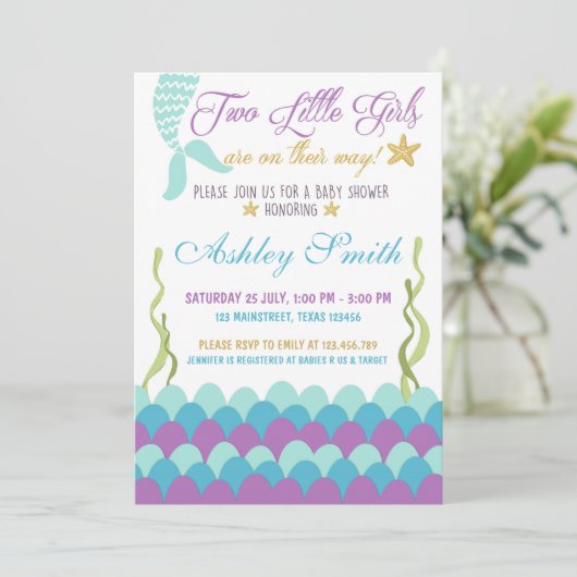 海の双子の下の人魚ベビーシャワー招待状 招待状 (スタンド正面)