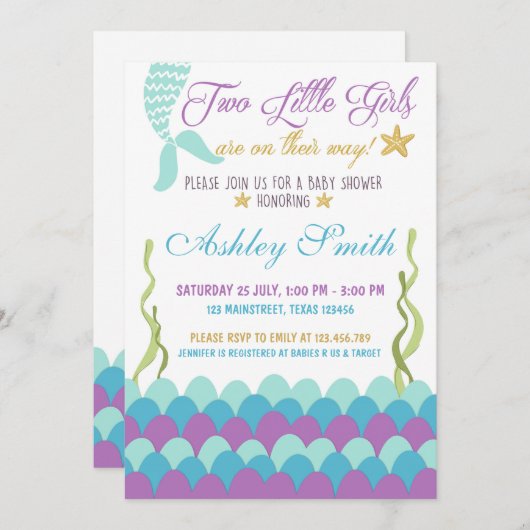 海の双子の下の人魚ベビーシャワー招待状 招待状 (正面/裏面)