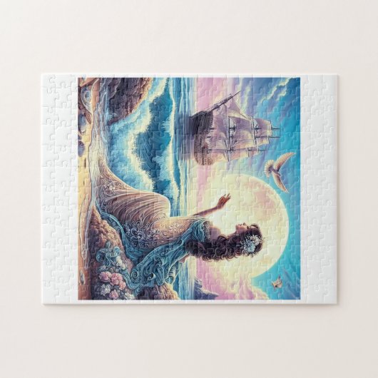 海の向こうに座っている美しい少女のファンタジー ジグソーパズル (横)