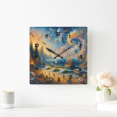 海の向こうに浮かぶ、超現実的な海岸沿いの夢の風景 スクエア壁時計 (ホーム)