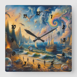 海の向こうに浮かぶ、超現実的な海岸沿いの夢の風景 スクエア壁時計