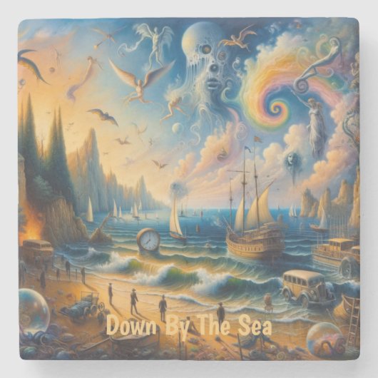 海の向こうに浮かぶ、超現実的な海岸沿いの夢の風景 ストーンコースター (正面)