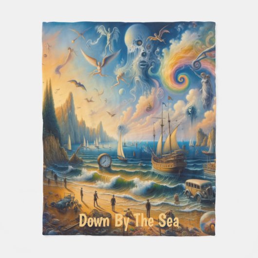 海の向こうに浮かぶ、超現実的な海岸沿いの夢の風景 フリースブランケット (正面)
