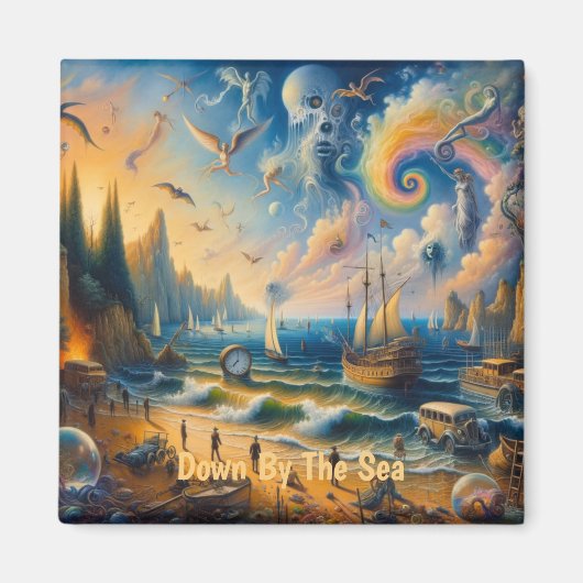 海の向こうに浮かぶ、超現実的な海岸沿いの夢の風景 マグネット (正面)