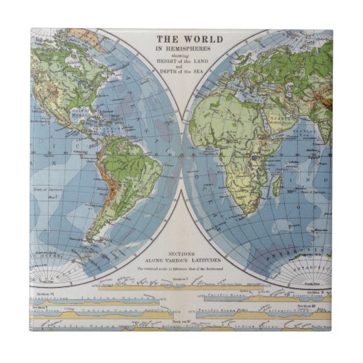 海の土地の深さの高さを示す世界地図 タイル (正面)