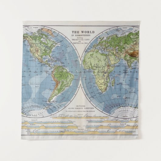 海の土地の深さの高さを示す世界地図 タペストリー (正面)