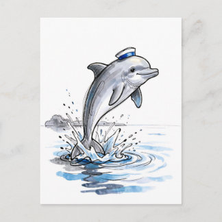 海の墨絵で躍動するイルカ ポストカード