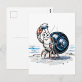 海の墨絵イラストで陽気に手を振るヤドカリ ポストカード (正面/裏面)
