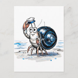 海の墨絵イラストで陽気に手を振るヤドカリ ポストカード