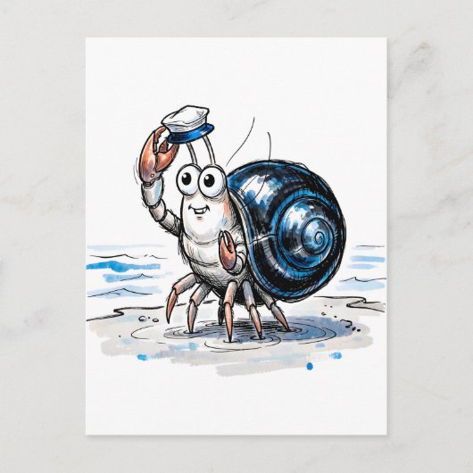 海の墨絵イラストで陽気に手を振るヤドカリ ポストカード (正面)