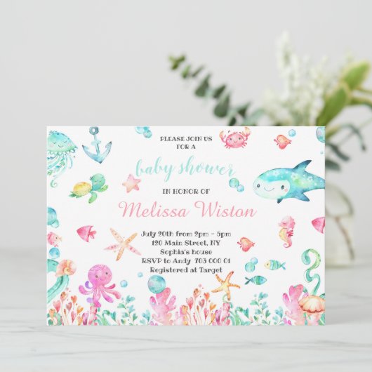 海の夏にかわいい赤ちゃんがシャワーを浴びる 招待状 (スタンド正面)