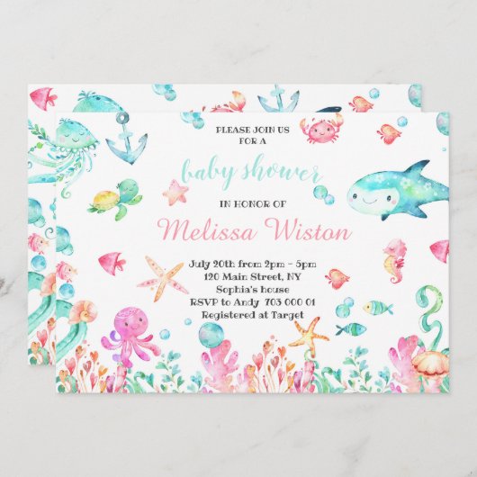 海の夏にかわいい赤ちゃんがシャワーを浴びる 招待状 (正面/裏面)