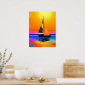 海の夕日に向けて帆船鮮やかを漕ぐ ポスター (キッチン)