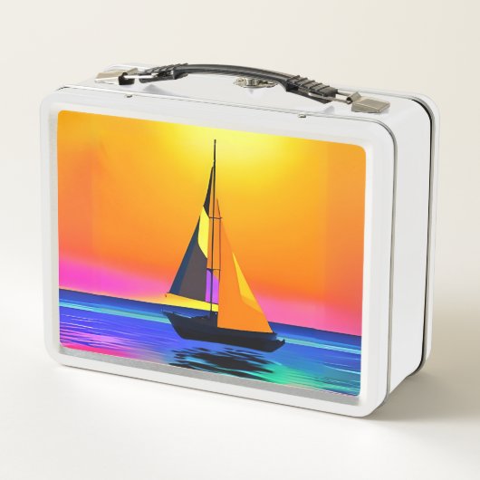 海の夕日に向けて帆船鮮やかを漕ぐ メタルランチボックス (裏面)