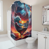 「海の夕日ワイングラスで – 超現実的な海の景色アート」 シャワーカーテン (インサイチュ)