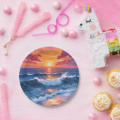 海の夕日 ビーチの波 水彩カード ペーパープレート (パーティー)