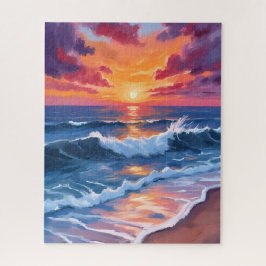 海の夕焼けビーチの波 水彩画 ジグソーパズル