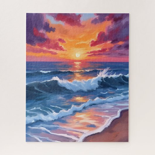 海の夕焼けビーチの波 水彩画 ジグソーパズル (縦)