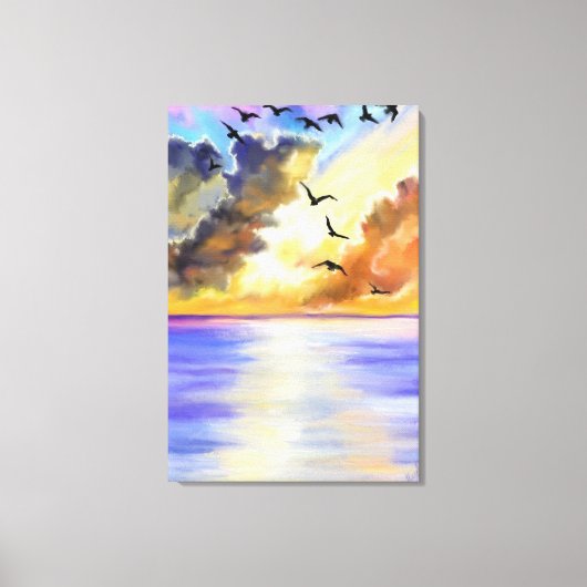 海の夕焼け空を飛ぶ鳥 キャンバスプリント - 絵画 (正面)