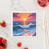 海の夕焼け ビーチの波 水彩画 スタンダードカクテルナプキン (インサイチュ)