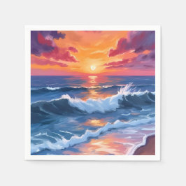 海の夕焼け ビーチの波 水彩画 スタンダードカクテルナプキン