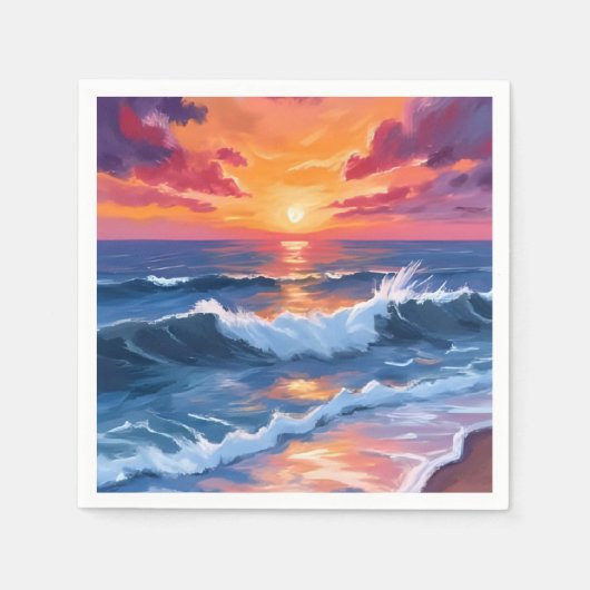 海の夕焼け ビーチの波 水彩画 スタンダードカクテルナプキン (正面)