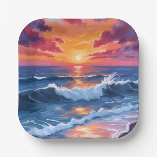 海の夕焼け ビーチの波 水彩画 ペーパープレート (正面)