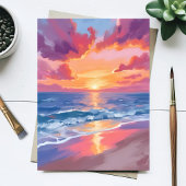 海の夕焼け 水彩 波 海 絵画 カード