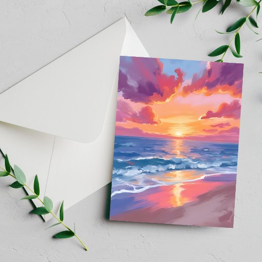 海の夕焼け 水彩 波 海 絵画 カード