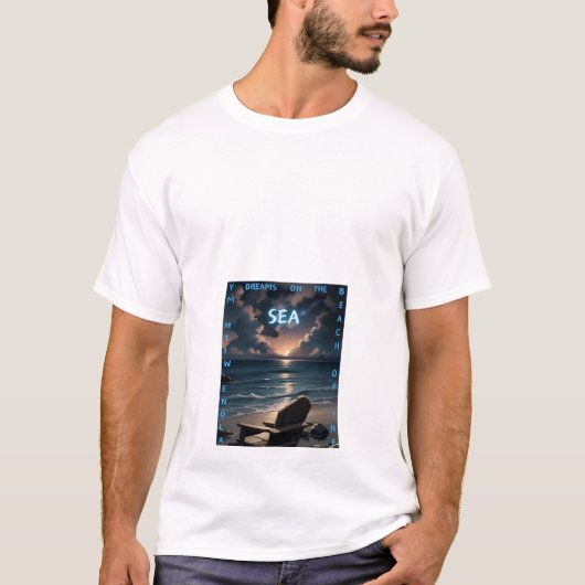 海の夢 – 日没ビーチチェアの男らしいアート Tシャツ (正面)