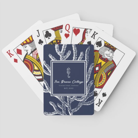 海の夢：青と白の海馬とサンゴ トランプ (裏面)