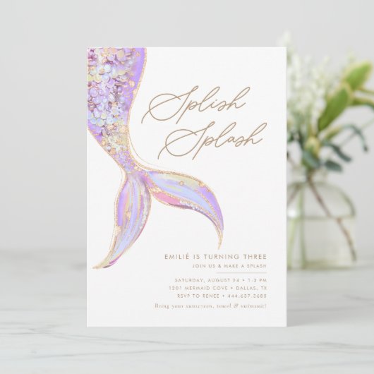 海の女の子の紫の誕生日パーティーの下の人魚 招待状 (スタンド正面)