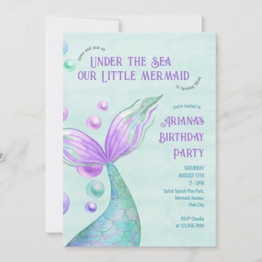 海の女の子の誕生日パーティーの下のリトルマーメイド 招待状 (正面)