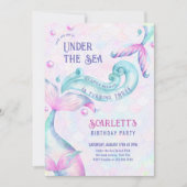 海の女の子の誕生日パーティーの下の人魚の尾 招待状 (正面)