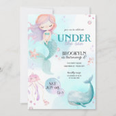 海の女の子の誕生日パーティーの下の人魚 招待状 (正面)