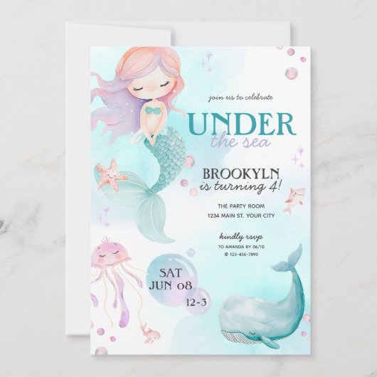 海の女の子の誕生日パーティーの下の人魚 招待状 (正面)